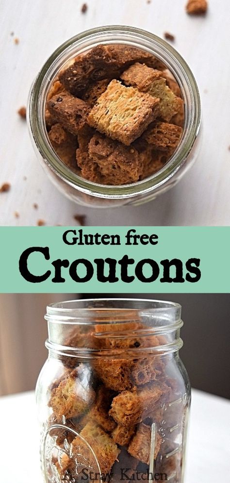 Gluten free Croutons are a breeze to make and keep well in the pantry. They are great for topping soups and salads, or eating on their own. They can also be crushed to make breadcrumbs! Win=Win – A Stray Kitchen    #glutenfreecroutons #croutons #easyrecipe #glutenfree #breadcrumbs Easy Croutons, Salad Croutons, Gluten Free Croutons, Ingredient Prep, Homemade Gluten Free Bread, No Added Sugar Recipes, Gluten Free Stuffing, Stuffing Recipes For Thanksgiving, Caveman Diet