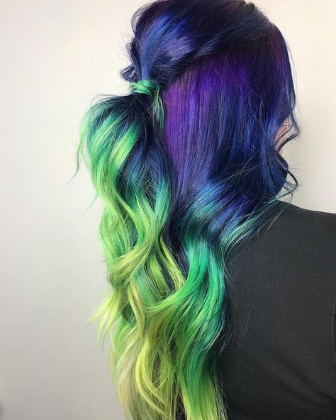 Pink Purple Blue Green Hair, Purple Pink Green Hair, Purple To Green Hair, Blue Purple Pink Hair, Pink And Green Hair, Purple And Green Hair, Long Hair Highlights, Bright Hair, Hair Color Pink