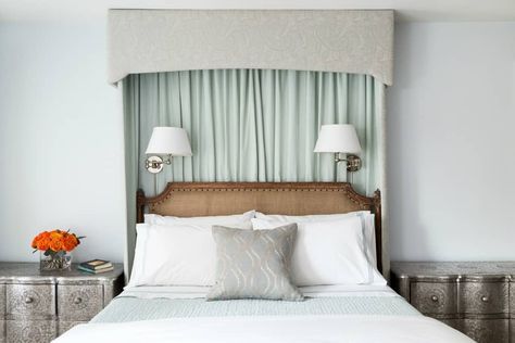 Boerum Hill Brownstone Master Bedroom byChango & Co. Curtain Behind Headboard, Unique Headboard Ideas, Curtains Behind Bed, Art Curation, Bed Valance, Nailhead Headboard, Unique Headboards, Bedroom Traditional, Sophisticated Bedroom