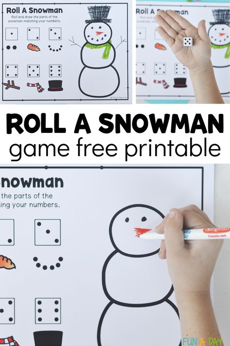 Grab your own copy of this free printable roll a snowman game for preschool and kindergarten kids. What a great way to practice subitizing with young kids! Add it to your next snowman theme, or just try it because it's fun. Click on the Fun-A-Day.com link for the printable. Build A Snowman Game For Kids, Kindergarten Winter Games, Snowman Math Kindergarten, Snowman Centers Preschool, Winter Preschool Games, Christmas Game Kindergarten, Snowmen Activities For Kindergarten, January Games For Kids, Snowman Bingo Free Printable