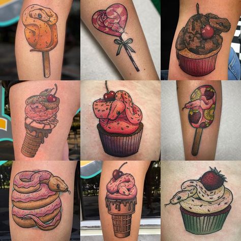 Filler Tatoos, Animal Desserts, Dessert Tattoo, Candy Tattoo, Dessert Art, Tattoo Apprenticeship, Food Tattoos, Animal Food, Floral Tattoo Sleeve