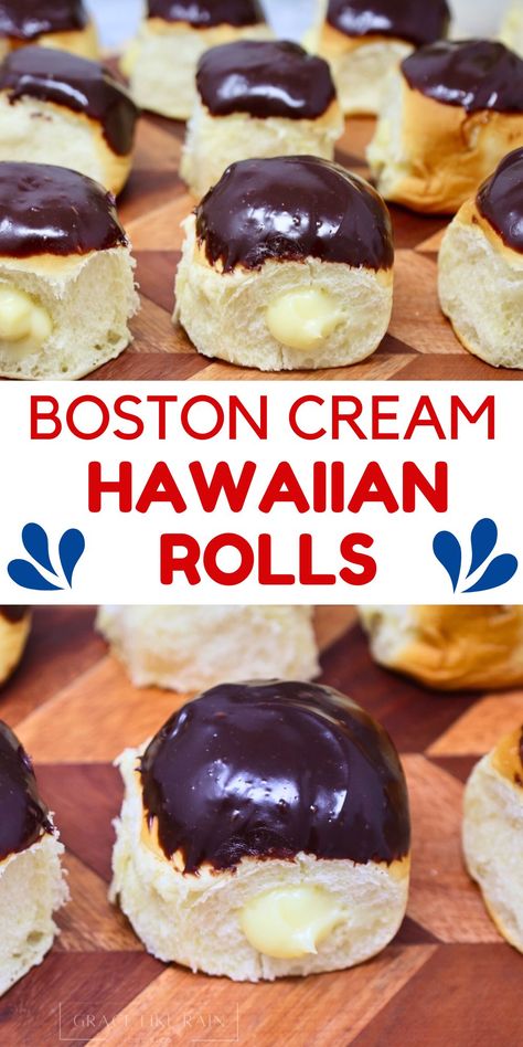 Hawaii Sweet Rolls Recipes, Hawaiian Roll Snacks, Boston Cream Hawaiian Rolls, Hawaiian Roll Desert, Recipes For Hawaiian Sweet Rolls, Hawaiian Rolls Dessert, Authentic Hawaiian Dessert Recipes, Hawaiian Roll Recipes Dessert, Kings Hawaiian Sweet Rolls Recipe