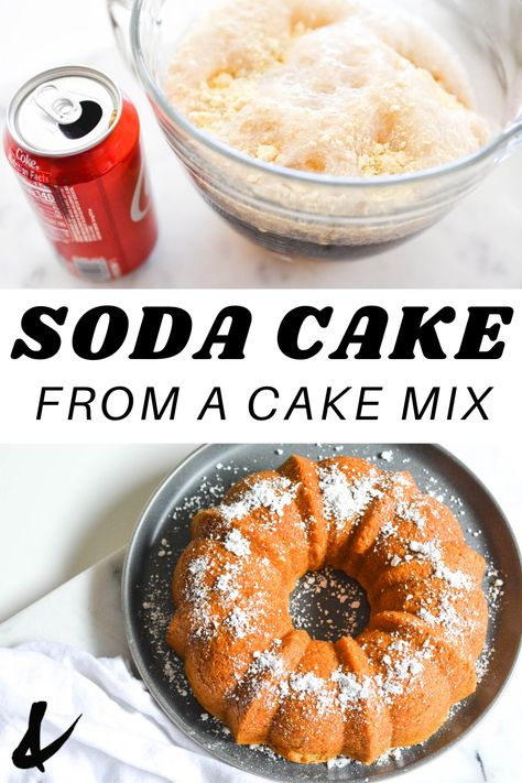 Soda Cake from a Cake Mix! Did you know all you need to make a quick and easy dessert bundt cake is a box of cake mix and a can of Coke? It's a fun recipe to make with the kids! It's great for any time of year especially if you want something sweet but don't have a lot of ingredients! #sodacake #cake #bundtcake #cokecake #easydessert #cakemixdessert Cakes Made With Soda, Diet Soda Cake, Soda Can Cakes, Soda Pop Cake, Soda Cake Recipe, Cake Mix And Soda, Coke Cake, Recipes Using Cake Mix, Soda Cake