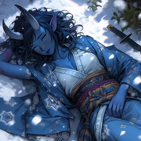 Genshin Blue Oni, Blue Oni, Blue Tiefling, Blue Oni Character Art, Blue Tiefling Woman, Winged Tiefling Female Art, Tiefling Female Purple Skin, Blue Demon, Demon Girl