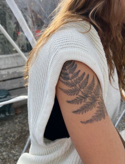 heidi 's fern tattoo Black And White Fern Tattoo, Writing Tattoo Cover Up Ideas, Fern Tattoo On Arm, Upper Arm Fern Tattoo, Deer Fern Tattoo, Fern Calf Tattoo, Fern Tattoo Back Of Arm, Fern Wrap Tattoo, Forearm Fern Tattoo