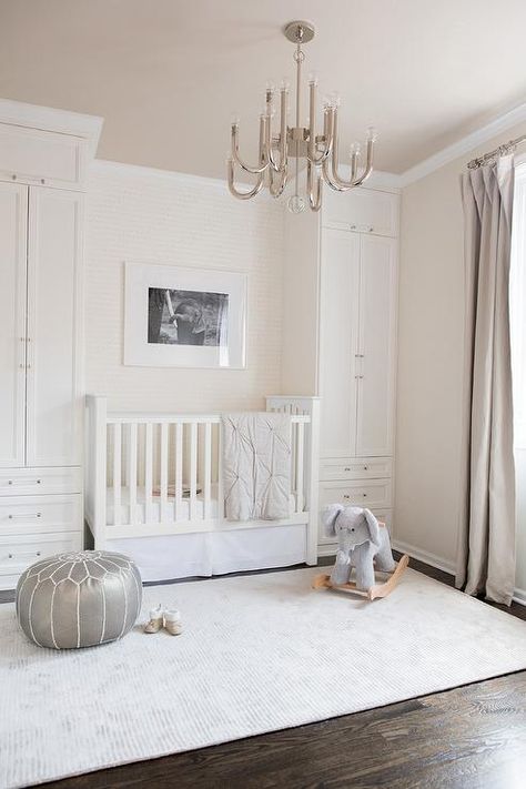 Built Ins Nursery, White Paneling Nursery, Nursery Cabinet Ideas, Built In Crib, Nursery With Built Ins, Built In Crib In Closet, Armoire In Nursery, Tall Built In Cabinets, Nursery Nook Ideas Master Bedrooms