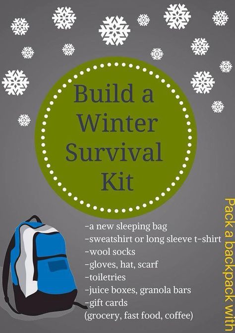 Help The Homeless. The National Coaltion for the Homeless estimates that almost 1000 homeless people die from extreme cold each year. What can you do to help someone that is homeless this winter? Simply put together a backpack with essential cold weather items. Keep the pack in your car and deliver it to a person in need. Homeless Clothes, Homeless Ideas, Street Ministry, Homeless Help, Homeless Ministry, Winter Survival Kit, Homeless Bags, Homeless Care Package, Blessing Bag