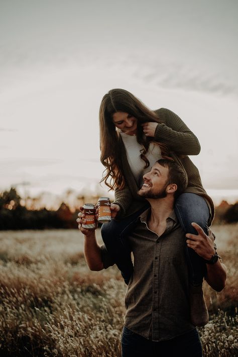 Engagement | Couple | Engagement Photo | Engagement Photographer | Engaged | Beer | Pose | Tall Grass | Fall | Sunset | Engagement Outfits | Style | Photography | Destination Photographer | Wichita KS | Different | Unique | Edgy | Moody Engagement Beer Photos, Engagement Photos With Drinks, Engagement Photos With Beer, Drinking Photoshoot, Beer Engagement Photos, Travel Ideas For Couples, Fall Couple Photos, Fall Couple, Fall Sunset