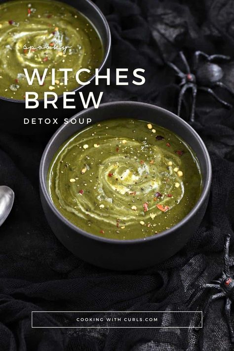 The name "Witches Brew" conjures up images of potion-making witches in stories like Hocus Pocus and Harry Potter. This detox soup embraces that fantasy, often featured at Halloween gatherings or when you're in the mood to add a bit of magic to your meal. The rich green hue and earthy flavor make it a standout, almost like a potion with the power to invigorate and nourish. Witch Meals, Witch Soup Recipe, Spooky Soup Recipes, Halloween Soup Recipes, Witches Brew Stew Crock Pot, Witches Brew Soup, Witch's Brew Stew, Witch Soup, Soup Cauldron