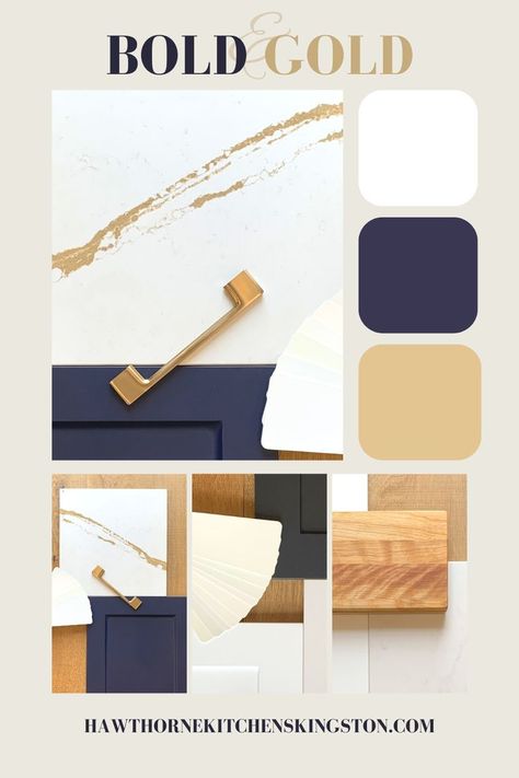 White and gold kitchen accessories with a splash of navy accent Kitchen Exposed Brick, Navy Blue Office, Indigo Kitchen, Gold Kitchen Hardware, Industrial Chic Kitchen, Teal Bathroom Ideas, Navy Color Palette, Kitchen Color Palettes, Kitchen Cozy