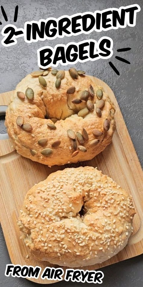 2-Ingredient Bagels With Greek Yogurt on wooden board. text: "2 ingredient bagels from air fryer" Bagels With Greek Yogurt, Yogurt Bagel Recipe, Protein Bagel Recipe, High Protein Bagels, Easy Bagel Recipe, Greek Yogurt Bagels, Greek Yogurt Bread, Yogurt Bagels, Easy Bagel