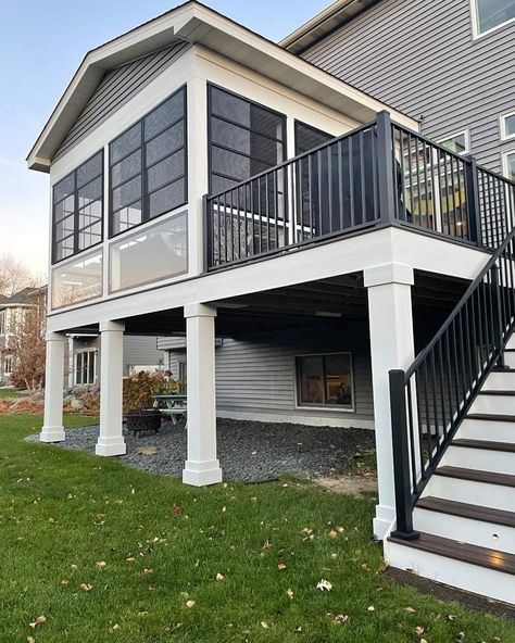 Second Story Screened In Porch And Deck, Elevated Back Porch, Deck Over Basement Window, Raised Front Porch Ideas, Enclosed Deck Ideas, Deck Expansion, Dining Area Wall, Enclosed Deck, Enclosed Decks