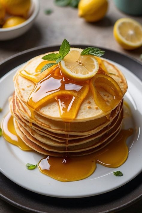 A comforting stack of lemon pancakes, their golden surfaces glistening with sweet syrup and tangy lemon slices adding a bright citrusy touch. Pancake Mix Recipe, Lemon Pancakes, Cozy Brunch, American Pancakes, Unique Breakfasts, Pancake Stack, Citrus Twist, Lemon Slices, Pancake Mix