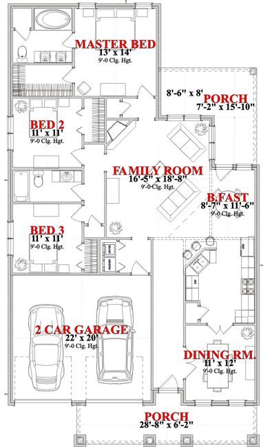 House Plan #63-276  5 Copy Set	$675.00  Reproducible Master	$900.00  CAD Set	$1,250.00  See All Pricing Options  Square Feet	1743  Bedrooms	3  Baths	2  Garage Stalls	2  Levels	1  Width	40'  Depth	70' 7" House Plans With Tower, 3 Room House Plan, Cottage Traditional, Bungalow Floor Plans, Duplex Plans, Small House Layout, Shipping Container House Plans, House Floor Design, Mountain House Plans