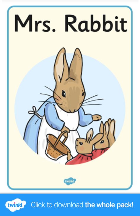 Download this set of 9 posters, each with a different illustration of a character from the story of The Tale of Peter Rabbit. Great for display, as discussion prompts, or as a visual reference during your readings of this popular children's story. Click to download. #peterrabbit #classroomdisplay #display #classroomposters #classroominspiration #classroomideas #posterpack #teachingideas #teachingresources #twinkl #twinklresources #homeschooling #education #parents #childrensbooks #beatrixpotter Peter Rabbit Characters, Colourful Illustration, Discussion Prompts, Tale Of Peter Rabbit, Display Posters, Visual Reference, Lovely Poster, Book Day, Activities For Children