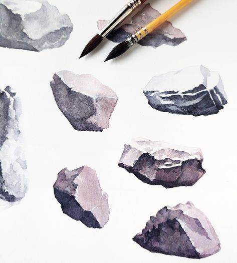 Patterns For Watercolor Painting, Watercolor Rocks Stones, Paintings Of Lakes, Pen And Watercolor Landscape, Watercolor Rocks Tutorials, Watercolor Drills, Watercolor Stones, Watercolor Exercises, Basic Landscape