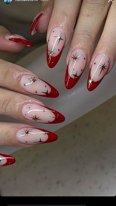 Red Almond Nail Designs, Red Nail Designs, White Nail, Star Nails, Xmas Nails, Minimalist Nails, Dream Nails, Funky Nails, Dope Nails