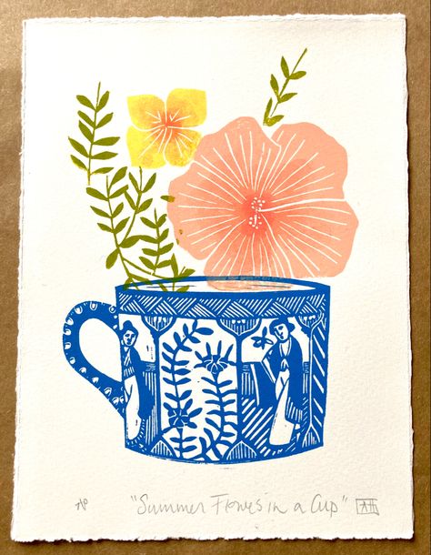 Tea Cup Linocut, Alison Headley, Flowers In A Cup, Linocut Flowers, Linocut Printmaking, Lino Prints, Linocut Art, My Cup Of Tea, Lino Print