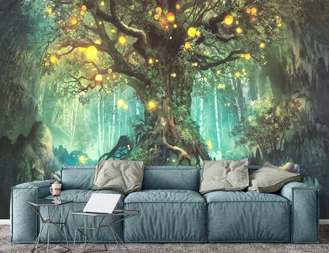 Fireflies on a Fantastic Tree Wall Mural Fantasy Tree - Etsy UK Forest With Fireflies, Tree Wall Mural, Kindergarten Wallpaper, Playroom Wallpaper, Forest Gift, Fantasy Tree, Tree Wall Murals, Transformers Design, Bedroom Murals