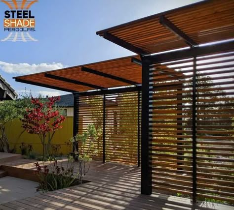 Straight Cantilever Pergolas — Steel Shade Pergolas Bbq Shade Structure, Metal And Wood Pergola, Shade Structure Backyard, Pool Shade Structure, Metal Pergola Ideas, Cantilevered Pergola, Cantilever Pergola, Outdoor Shade Structures, Cantilever Carport