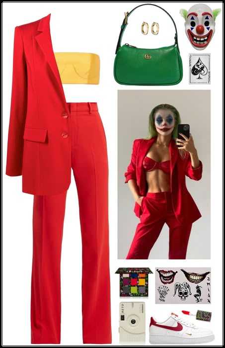 Joker Red Suit Costume, Joker Inspired Outfit Women, Girl Joker Outfit, Women Joker Halloween Costumes, Joker Outfit Women, The Joker Girl Costume, Halloween Costumes Joker Women, Joker Diy Costume, Joker Outfit Ideas