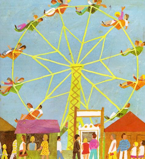 What Did You Leave Behind? - written by Alvin Tresselt, illustrated by Roger Duvoisin (1978). Nostalgic Illustration, Wheel Illustration, Roger Duvoisin, Old Mother Hubbard, Vintage Carousel, Luna Park, Mid Century Illustration, Boy Drawing