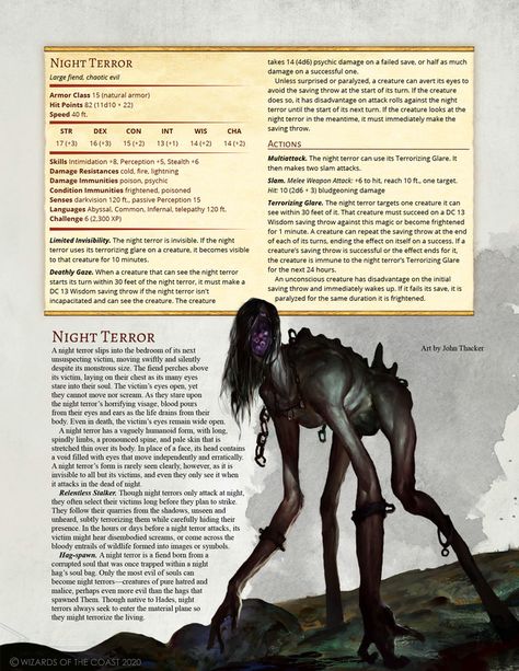 Night Terror - a hellish sleep paralysis demon, born from hatred and malice : UnearthedArcana Paralysis Demon, Dnd 5e Cryptids, Dnd Cryptids, Scary Dnd Monsters, Night Hag Dnd, Sleep Demon, Horror Dnd Ideas, Monster Manual, Demon Magic