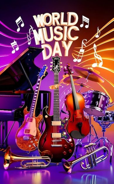 Photo world music day post banner or fly... | Premium Photo #Freepik #photo Music Banner Design, Music Day Poster, Music Banner, Banners Music, World Music Day, Video Mockup, International Music, Tv Ads, Card Banner