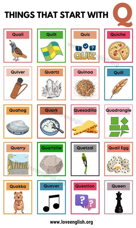 29 Unique Things That Start With Q In English - Love English Things That Start With A, Quirky Words, Words With Q, Summer Alphabet, English Knowledge, Grammar For Kids, Letter Crafts, English Learning Books, Phonics Rules