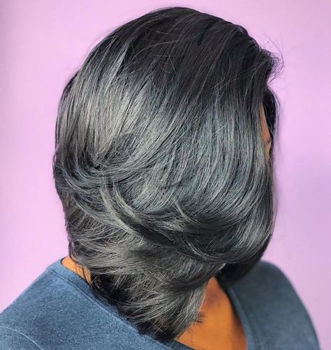 Shoulder Length Hairstyles For Black Women, Medium Length Haircut With Layers Black Women, Layered Bob Hairstyles Medium, Center Part Layered Bob, Deep Side Part Bob For Black Women, Long Bob Black Women Side Part, Black Bob Side Part, Mid Length Hair With Layers Black Women, Black Medium Length Hair With Layers