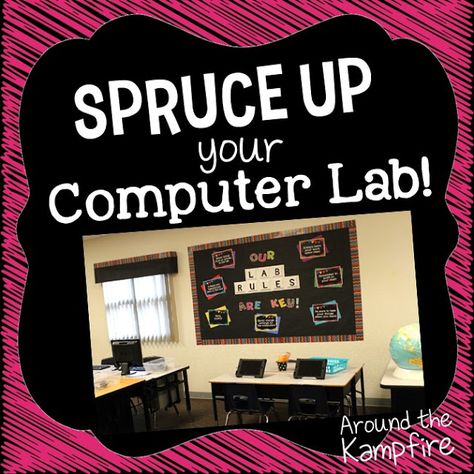 Around the Kampfire: Spruce Up Your Computer Lab with Chalkboard Decor School Computer Lab Decor, Computer Classroom Decor, Technology Classroom Decor, Computer Lab Bulletin Board Ideas, Computer Lab Rules, Lab Rules, Computer Lab Decor, School Computer Lab, Elementary Computer Lab