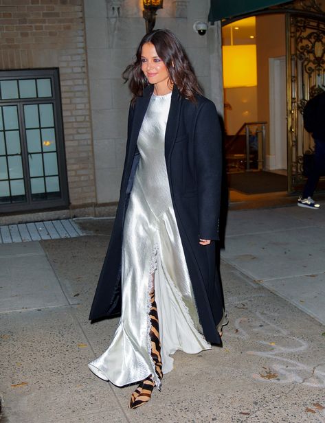 Katie Holmes’s Life In 14 Trend-Setting Outfits | British Vogue Silver Maxi Dress, Katie Holmes Style, Slinky Dress, Vogue Dress, Zebra Dress, Boot Print, Silk Slip Dress, Katie Holmes, Fashion Couple