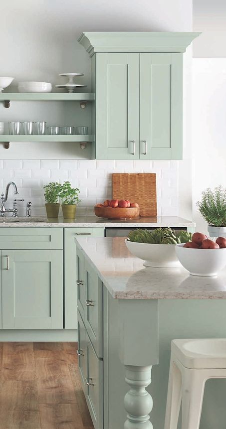 Kitchen With Green Cabinets, Mint Kitchen, Green Kitchen Designs, Rustic Farmhouse Kitchen Cabinets, Model Dapur, Beautiful Kitchen Cabinets, Best Kitchen Cabinets, Kabinet Dapur, Green Kitchen Cabinets