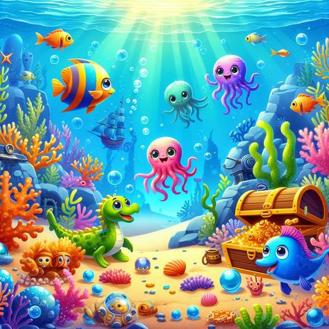 animated sea creatures exploring a colorful underwater world with coral reefs, sunken treasures, and shimmering ocean depths Under Water World Drawing For Kids, Under The Sea Cartoon, Under Water World, World Drawing, Water World, Ocean Depth, Coral Reefs, Baby Album, Saltwater Aquarium