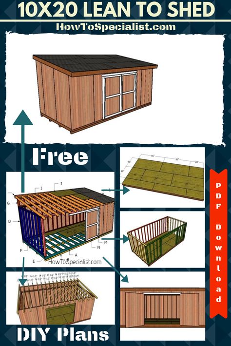 Easy to follow instructions and step by step diagrams for you to build a 10x20 lean to shed. This shed features a sturdy 2x4 framing and double front doors. Cut and Shopping lists included! PDF Download and Print Friendly! #shed #leantoshed #storageshed Lean Shed, 10 By 20 Shed, Pallet Sheds Ideas, 10x20 Lean To Shed Plans, 10 X 20 Lean To Shed Plans, Pallet Shed Plans Step By Step Easy Diy, How To Build A Lean To Shed, Pallet Shed Diy How To Build, Lean To Shed Ideas