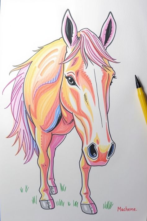 Check Out This Colorful Horse Doodle Drawing & 12+ Other Horse Drawing Ideas! #drawingideas #drawing Horse Drawing Ideas, Horse Doodle, Horse Head Drawing, Equine Artwork, Shark Drawing, Beach Drawing, Fire Drawing, Pumpkin Drawing, Conservation Art