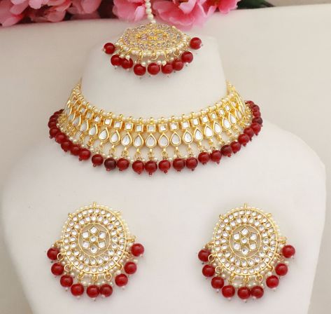 Handmade item Ships from a small business in India Necklace length: 7 Inches Materials: Brass Gemstone: Pearl Closure: Slide clasp Chain style: Rope Purple Necklace Set, Red Necklace Set, Ad Jewellery, India Necklace, Kundan Choker Set, Kundan Jewelry, Kundan Choker, Fancy Jewellery Designs, Bridal Lehengas