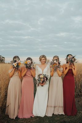 Bank of Flowers: Styled Fall Wedding Shoot Fall Color Bridesmaid Dresses, Fall Bridesmaid Dresses Burgundy, Bridesmaid Dresses Mismatched Purple, Light Bridesmaid Dresses, Fall Bridesmaid Dress Colors, Bright Bridesmaid Dresses, Color Bridesmaid Dresses, Pink Bridesmaid Dresses Short, Bridesmaid Dresses Long Blue