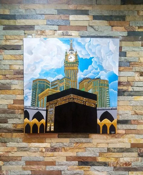 Kaaba Painting Art, Makha Madina Drawing, Kaabah Painting Easy, Mecca Kaaba Painting, Kaba Sharif Painting On Canvas, Kaba Drawing, Karbala Painting, Kaba Painting, Mecca Painting