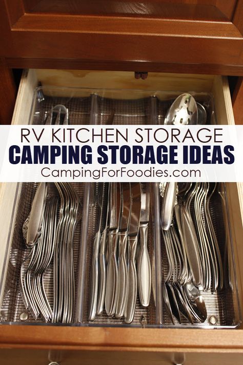 Rv Drawer Organization, Camper Utensil Storage, Rv Plate Storage Ideas, Rv Silverware Storage Ideas, Camper Silverware Storage, Camping Cutlery Storage, Small Kitchen Design With Island, Motorhome Organization, Camping Storage Ideas