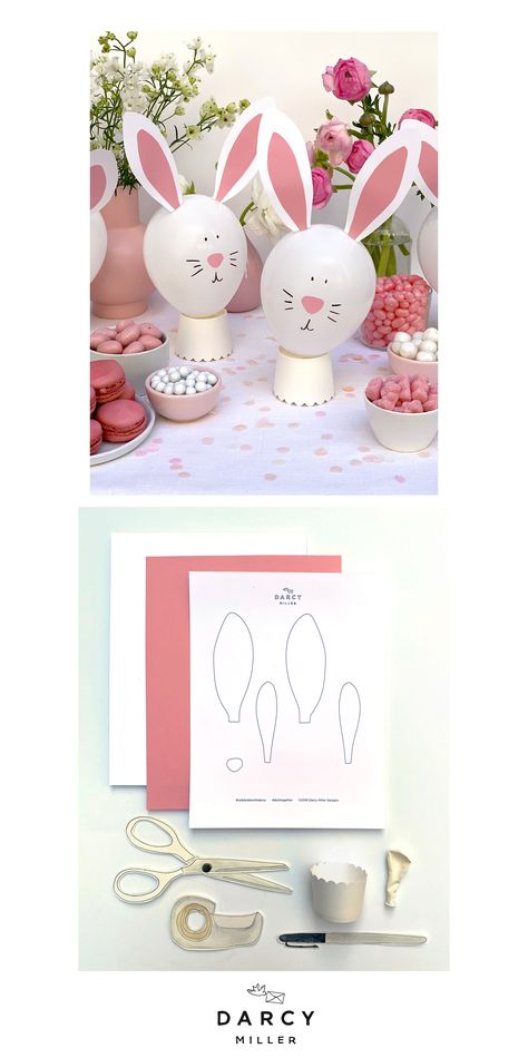 Easy rabbit balloon decor | Darcy Miller Designs #easter #spring #party #celebration #decoridea #inspo #springtime #forkids #diy #freetemplate #partydecor #animal #theme Diy Bunny Birthday Decorations, Bunny Ears Template, Bunny Balloons, Rabbit Balloon, Bunny Templates, 5 Balloons, Balloon Crafts, Diy Party Favors, Up Balloons