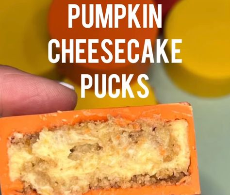 Pumpkin Cheesecake Cake Pucks Puck Recipes, Pumpkin Cake Pucks, Halloween Cake Pucks, Cake Puck Recipes, Thanksgiving Cake Pucks, Pumpkin Spice Candy Melts, Cake Puck, Halloween Cake Puck, Cake Pucks Recipe