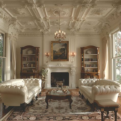 Discover the timeless elegance of a parlor with ornate Victorian ceilings and white walls, highlighted by plush cream sofas and an antique fireplace. The room features intricate ceiling carvings, vintage rugs, and large windows that flood the space with natural light, adding to the classic and sophisticated ambiance. Victorian White House, Victorian Mixed With Modern, Classical Room Interior, Vintage Mansion Living Room, Antique French Furniture Living Room, Traditional Victorian Living Room, Classical French Interior, Vintage Parlor Room, Victorian Home Fireplace