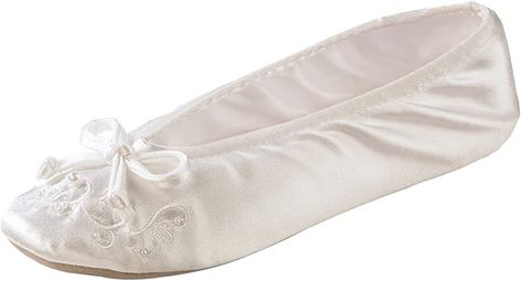 Amazon.com | isotoner Women's Satin Ballerina Slippers with Embroidered Pearl | Slippers Pearl Slippers, Best Slippers, Perfect Wedding Shoes, Ballerina Slippers, Soft Slippers, Flat White, Volleyball Shoes, Ballet Flat, Red Shoes