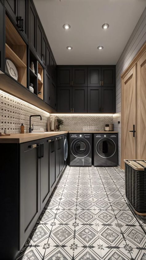 Laundry Rooms With Black Cabinets, Amazing Laundry Room Ideas, Dark Cabinet Laundry Room, Black Washing Machine Laundry Rooms, Black And Gold Laundry Room, Black Utility Room, Iron Ore Laundry Room, Laundry Room Mudroom Ideas, Dark Laundry Room Paint Colors