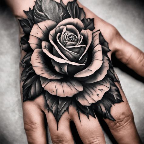 Hand Tattoos For Guys Ideas Simple, Mens Rose Tattoos, Black Rose Hand Tattoo, Hand Tattoos Men, Tiger Hand Tattoo, Cover Up Tattoos For Men, Meaningful Tattoos For Men, Rose Tattoo Ideas, Rose And Butterfly Tattoo