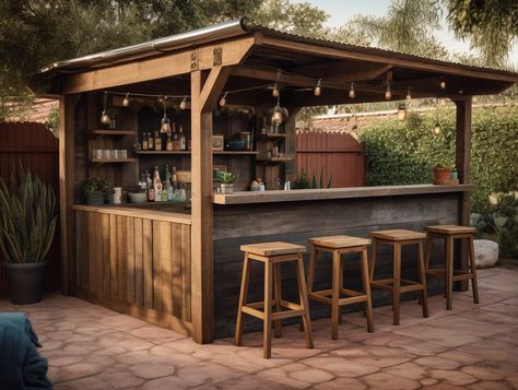 Rustic Garden Bar Ideas, Veranda Bar Ideas, Outdoor Bbq And Bar Ideas, Outdoor Bar With Grill, Bar Ideas For Garden, Backyard Cabana Ideas, Backyard Bar And Grill Ideas, Backyard Bar Ideas, Pergola Bar