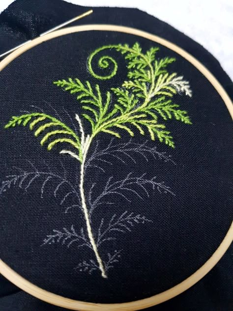 Black Fabric Embroidery Ideas, Black On Black Embroidery Ideas, Large Embroidered Flowers, Green Embroidery Design, Dark Embroidery Patterns, Fern Embroidery Pattern, Dark Embroidery Designs, Goblincore Embroidery, Nature Embroidery Inspiration