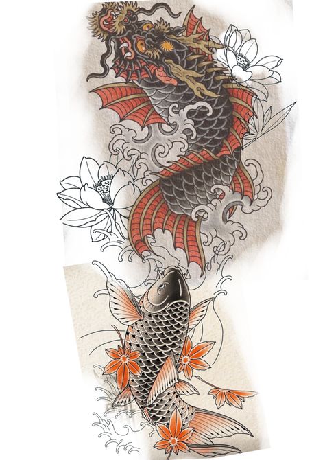 Dragon Fish Tattoo, Tattoo Nike, Coy Fish Tattoos, Coy Fish, Dragon Fish, Japanese Koi, Tattoo Design Book, Wooden Fish, Japanese Dragon