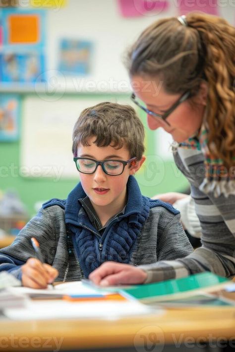 A photo capturing a teacher assisting a student with visual impairments using braille textbooks and tactile learning materials in a classroom, showcasing educational accommodations for accessibility. Tactile Learning, Visual Impairment, Learning Materials, Search Video, A Classroom, A Student, A Photo, Education, Collage